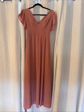 Flutter Sleeve V-Neck Maxi Dress in dessert coral. This is hemmed to 5 foot 3.